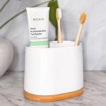 Stylish Bamboo Base Toothbrush Holder with Compartments