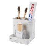Stylish White Marble Toothbrush Holder with 3 Compartments