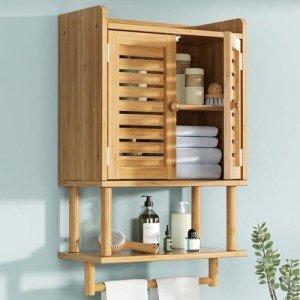 Bamboo Bathroom Wall Cabinet with Towel Bar