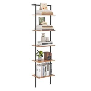5-Tier Wall Mounted Ladder Bookshelf, Rustic Brown
