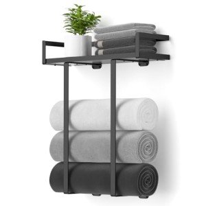 Wall-Mounted Metal Towel Rack with Wooden Shelf