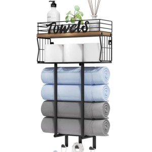 Wall-Mounted Towel Rack with Shelf and Hooks
