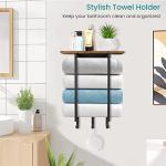 Wall-Mounted Towel Rack with Wooden Shelf & Hooks