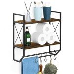 Rustic 2-Tier Wall Shelf with Hooks and Towel Bar