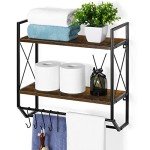 Rustic 2-Tier Wall Shelf with Hooks and Towel Bar
