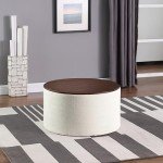 Cream Fabric Storage Ottoman with Wood Top