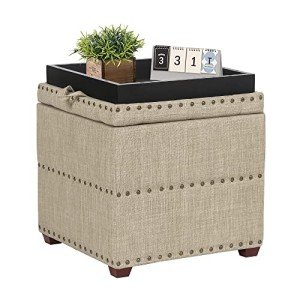 Beige Ottoman Storage Cube with Tray and Legs