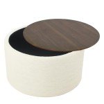 Cream Fabric Storage Ottoman with Wood Top
