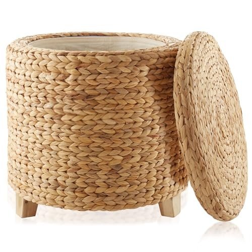 Handwoven water hyacinth round storage ottoman with removable lid and Acacia wood feet.