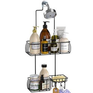 Matte Black Hanging Shower Caddy with Hooks