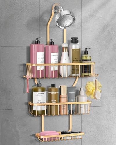 Gold shower caddy hanging organizer made of aluminum alloy with three baskets and multiple hooks.