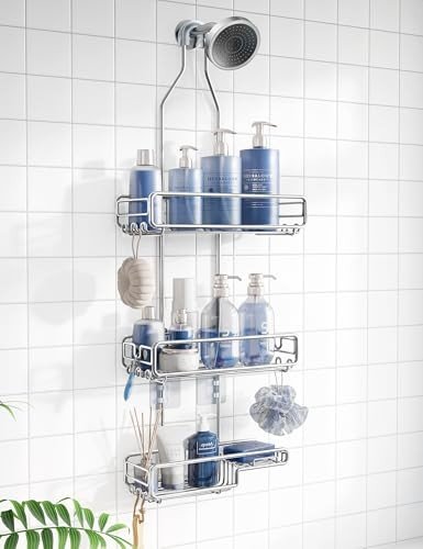 Adjustable shower caddy organizer with an extra-long neck designed for tall bottles and high showerheads.