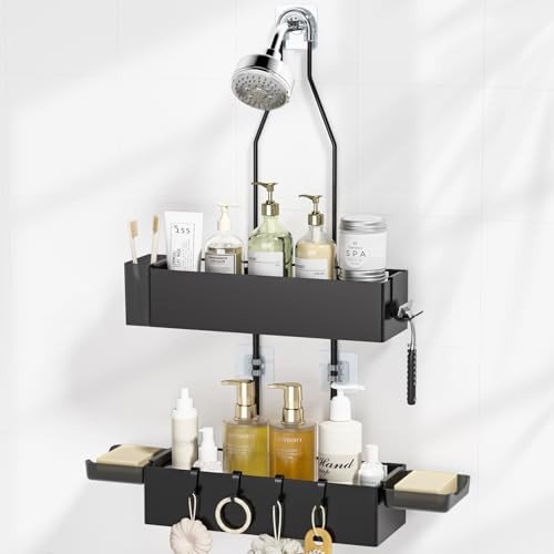 Rustproof hanging shower caddy with an adjustable structure and non-slip fixation, holding up to 40 lbs.