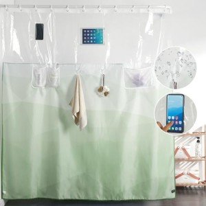 Sage Green Ombre Shower Curtain with Storage Pockets