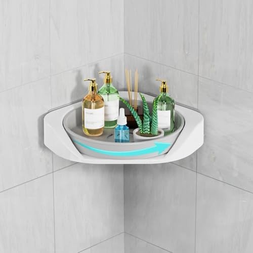 Corner shower caddy featuring a Lazy Susan rotating shelf and adhesive installation.