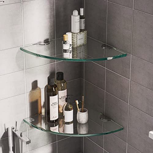 Wall-mounted glass corner shelves 2-pack made of tempered glass with dual installation options.