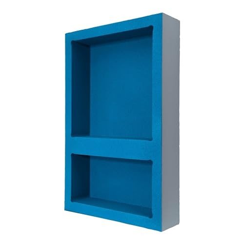 Recessed shower niche insert, a tile-ready preformed unit made of lightweight XPS foam with a built-in shelf.