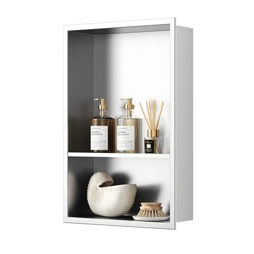 Brushed stainless steel double shelf shower niche, a fully finished, no-tile-needed recessed organizer.
