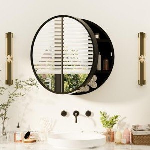 Black Round Medicine Cabinet Mirror with Shelf