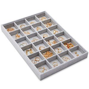 Gray Velvet Jewelry Organizer Tray with 24 Grids