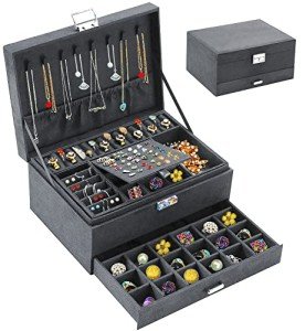Grey Velvet Jewelry Organizer Box with Lock