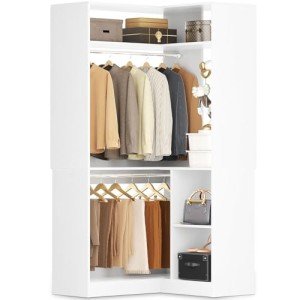 Corner Closet Organizer System with Shelves and Rods