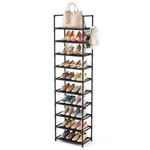 Tall 10-Tier Shoe Rack with Hooks - Black
