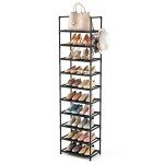 Tall 10-Tier Shoe Rack with Hooks - Black