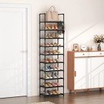 Tall 10-Tier Shoe Rack with Hooks - Black