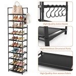 Tall 10-Tier Shoe Rack with Hooks - Black