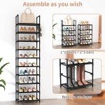Tall 10-Tier Shoe Rack with Hooks - Black