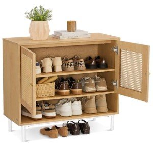 VASAGLE Boho Rattan 3-Tier Shoe Storage Cabinet
