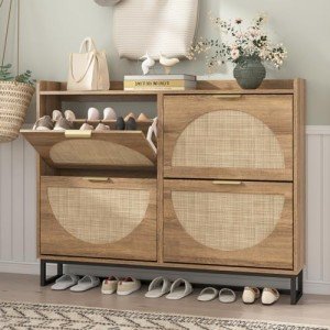 Large Rattan Shoe Storage Cabinet with 4 Drawers