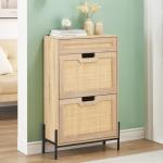 Narrow Oak Shoe Storage Cabinet with Rattan Drawers