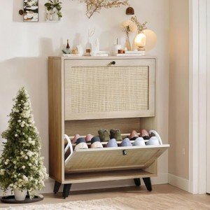 Slim Rattan Shoe Cabinet with Flip Drawers