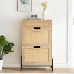 Narrow Oak Shoe Storage Cabinet with Rattan Drawers
