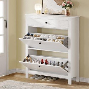 Slim White Shoe Cabinet with Adjustable Flip Drawers