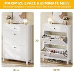 Slim White Shoe Cabinet with Adjustable Flip Drawers
