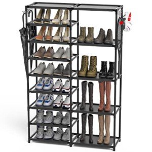 Tall Garage Shoe Rack with Hooks - Large Capacity