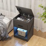 Black Nightstand with Charging Station and LED Lights