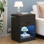 Black Nightstand with Charging Station and LED Lights
