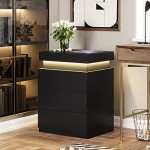 Modern Black Nightstand with Charging Station & LED Lights
