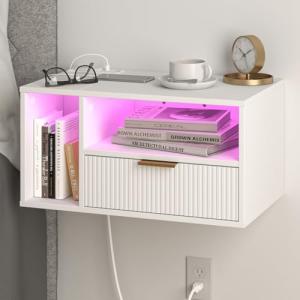 White Floating Nightstand with Charging Station & LED Lights