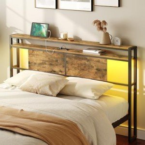 Queen Size Headboard with Lights and Storage Shelves