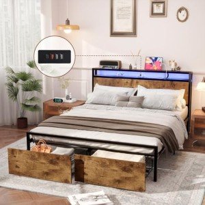Full Size Bed Frame with Drawers & LED Lights