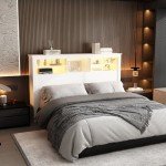 White Adjustable Headboard with Storage Shelves