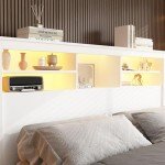 White Adjustable Headboard with Storage Shelves