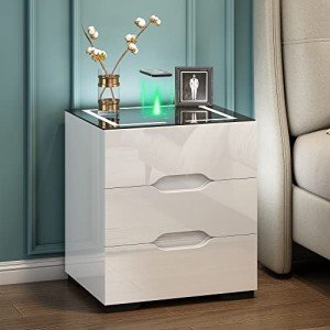 Smart White Nightstand with Wireless Charging & LED Lights
