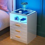 Glossy LED Nightstand with Wireless Charging & Drawers