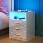 Glossy LED Nightstand with Wireless Charging & Drawers